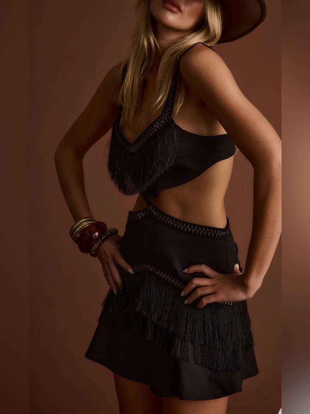 12th Tribe Haven Black Fringe Cutout Mini Dress L - Picture 4 of 10